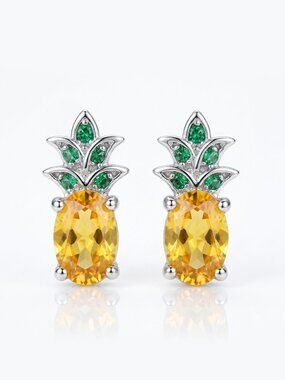Pineapple Stud Earrings with Pink and Green Gemstone